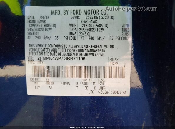 2FMPK4AP7GBB71196 2016 FORD EDGE Blue Շարժիչի բաժամունքի տեսք