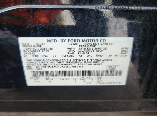 2FMPK4AP7GBC48701 2016 FORD EDGE Black სალონის 360-გრადუსიანი ხედი