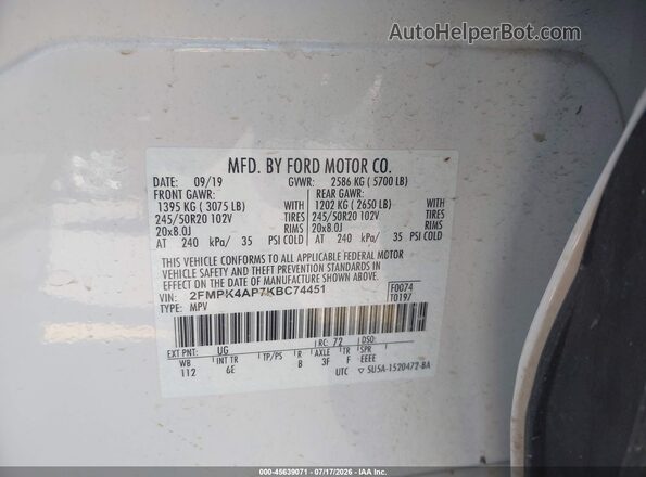 2FMPK4AP7KBC74451 2019 FORD EDGE White ძრავის განყოფილების ხედი