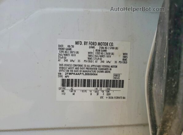 2FMPK4AP7LBB09064 2020 FORD EDGE White VIN კოდის სტიკერის ხედი