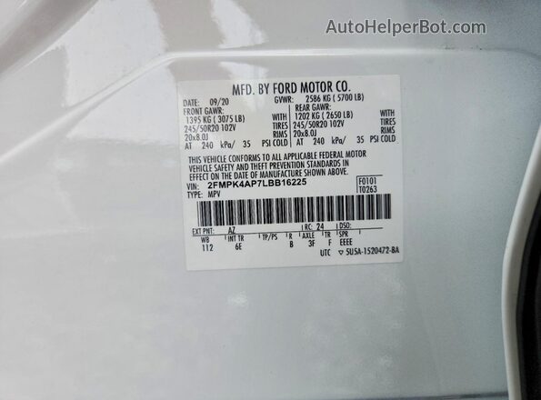 2FMPK4AP7LBB16225 2020 FORD EDGE White Вид наклейки з VIN-кодом