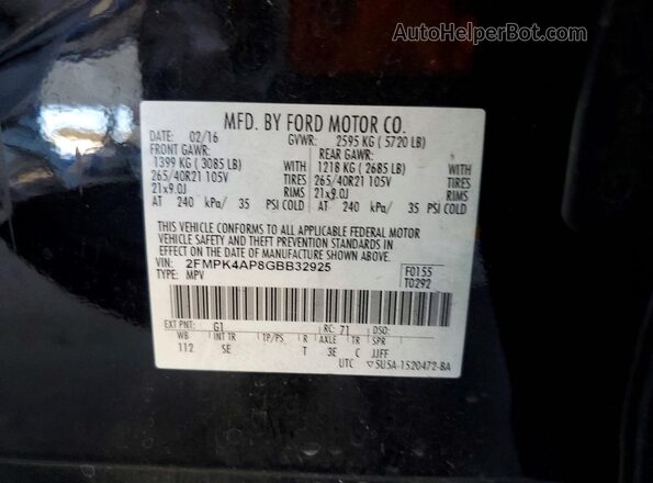 2FMPK4AP8GBB32925 2016 FORD EDGE Black Вид підкапотного простору