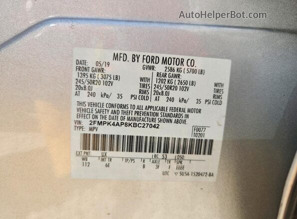 2FMPK4AP8KBC27042 2019 FORD EDGE Серебряный Вид наклейки с VIN-кодом