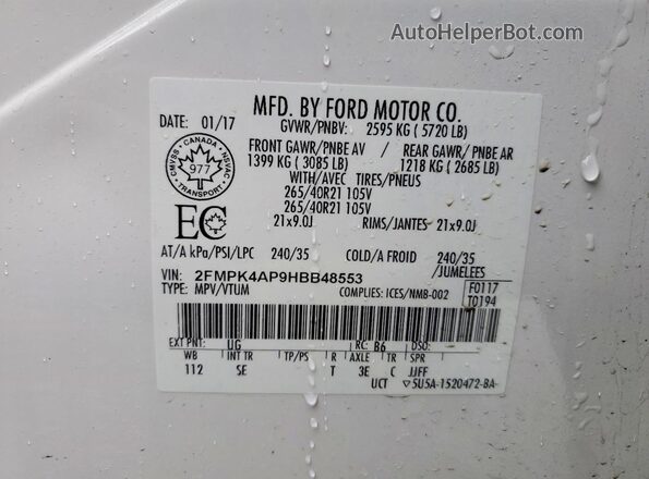 2FMPK4AP9HBB48553 2017 FORD EDGE White Widok komory silnika