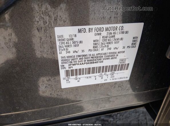 2FMPK4AP9KBB40105 2019 FORD EDGE Silver Вид підкапотного простору