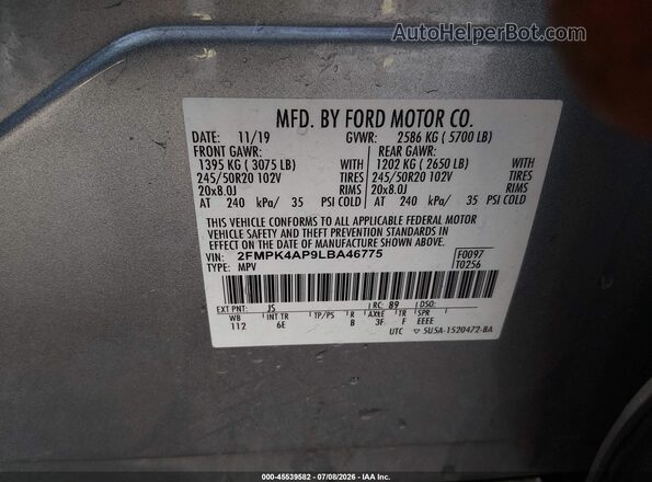 2FMPK4AP9LBA46775 2020 FORD EDGE Silver Engine compartment view