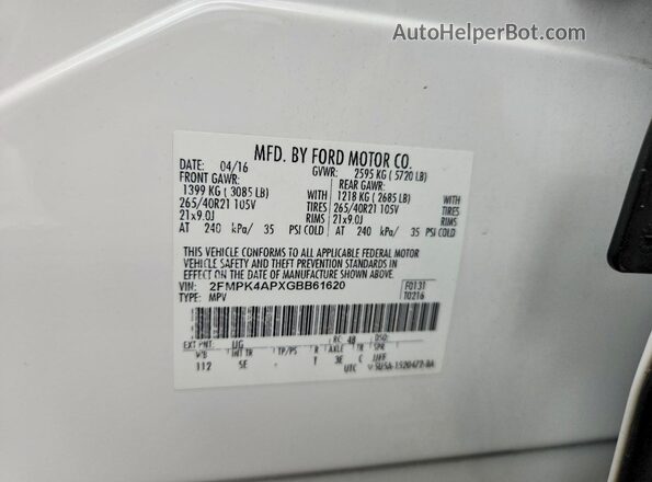 2FMPK4APXGBB61620 2016 FORD EDGE White Вид підкапотного простору