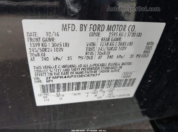 2FMPK4APXGBC67677 2016 FORD EDGE Black Vista del compartimento del motor