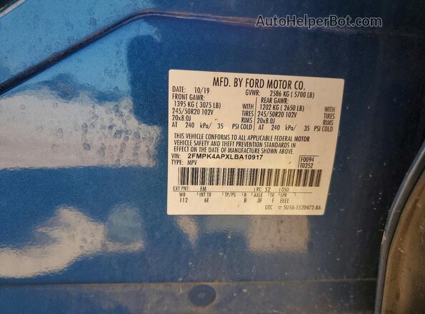 2FMPK4APXLBA10917 2020 FORD EDGE Blue Вид наклейки з VIN-кодом