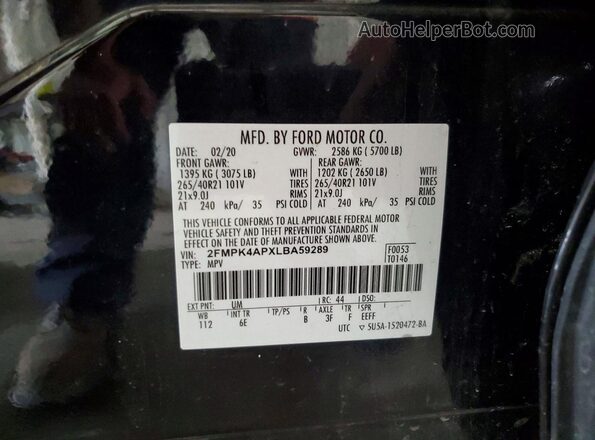 2FMPK4APXLBA59289 2020 FORD EDGE Черный Панорамный вид салона 360°