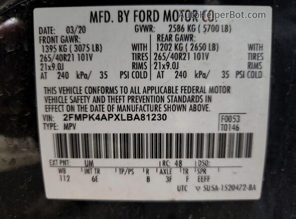 2FMPK4APXLBA81230 2020 FORD EDGE Black Շարժիչի բաժամունքի տեսք