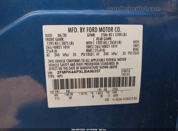 2FMPK4APXLBA96357 2020 FORD EDGE Blue Շարժիչի բաժամունքի տեսք