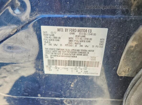 2FMPK4G90HBB74564 2017 FORD EDGE Blue VIN կոդի պիտակի տեսք