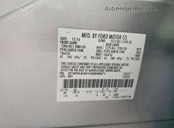 2FMPK4G91HBB08671 2017 FORD EDGE Silver Вид наклейки з VIN-кодом