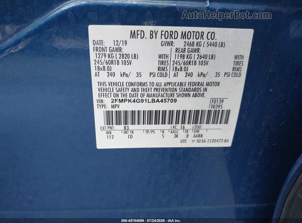 2FMPK4G91LBA45709 2020 FORD EDGE Blue Engine compartment view