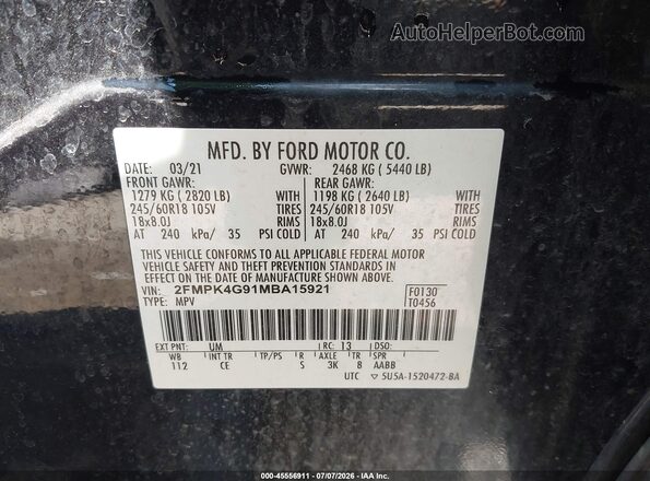 2FMPK4G91MBA15921 2021 FORD EDGE Black Вид підкапотного простору