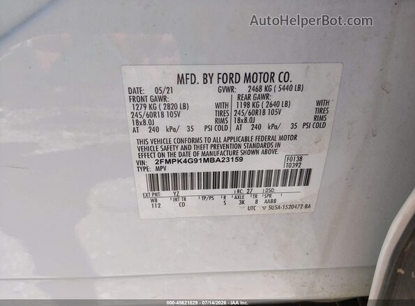 2FMPK4G91MBA23159 2021 FORD EDGE White ძრავის განყოფილების ხედი