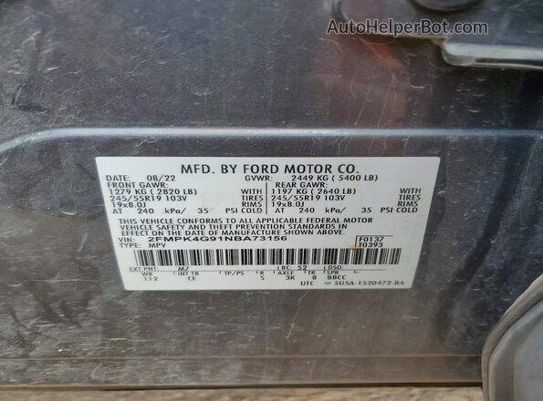 2FMPK4G91NBA73156 2022 FORD EDGE Gray Вид наклейки з VIN-кодом