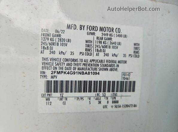 2FMPK4G91NBA81094 2022 FORD EDGE Белый Вид подкапотного пространства