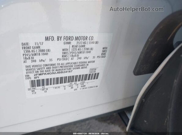 2FMPK4G92JBB24187 2018 FORD EDGE White Vista del compartimento del motor