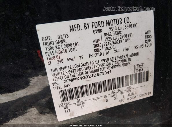 2FMPK4G92JBB78041 2018 FORD EDGE Black Widok komory silnika