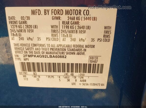2FMPK4G92LBA60882 2020 FORD EDGE Blue ძრავის განყოფილების ხედი