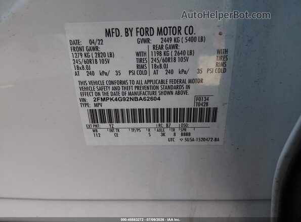 2FMPK4G92NBA62604 2022 FORD EDGE White Вид підкапотного простору