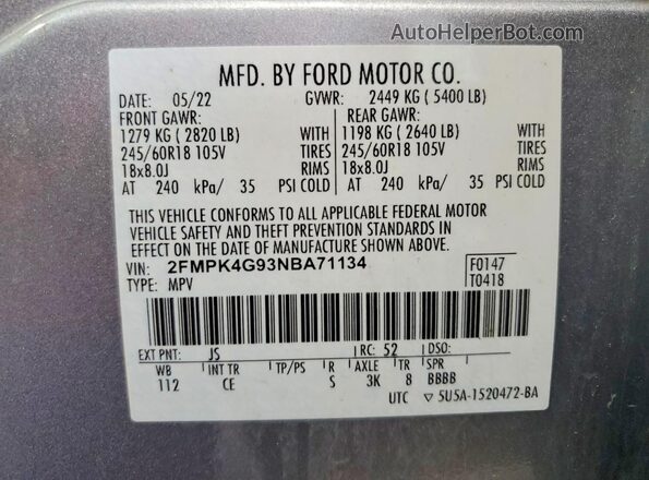 2FMPK4G93NBA71134 2022 FORD EDGE Silver Панорамний вид салону 360°