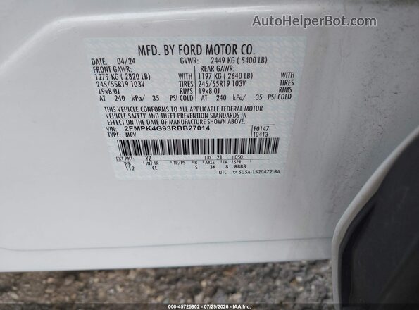2FMPK4G93RBB27014 2024 FORD EDGE White Widok komory silnika