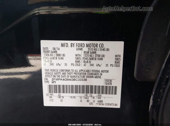 2FMPK4G94GBC33338 2016 FORD EDGE Black Вид підкапотного простору