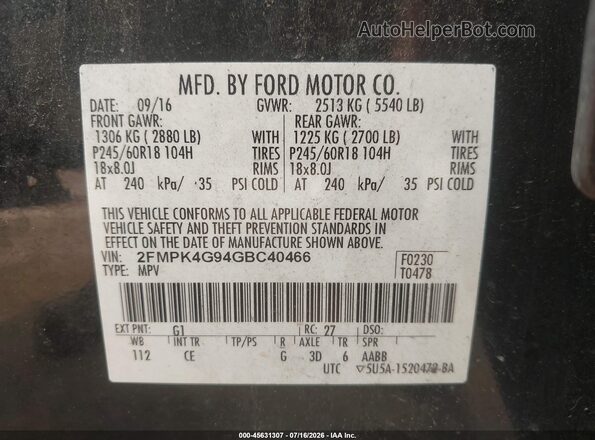 2FMPK4G94GBC40466 2016 FORD EDGE Черный Вид подкапотного пространства