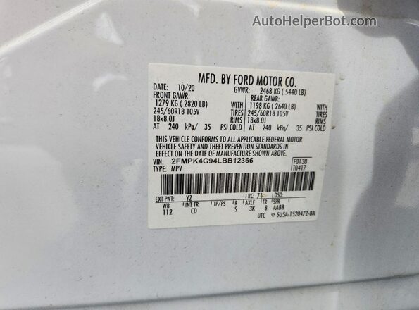 2FMPK4G94LBB12366 2020 FORD EDGE White Widok komory silnika
