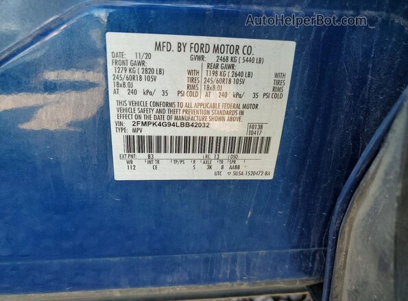 2FMPK4G94LBB42032 2020 FORD EDGE Blue Սալոնի 360 աստիճան տեսք