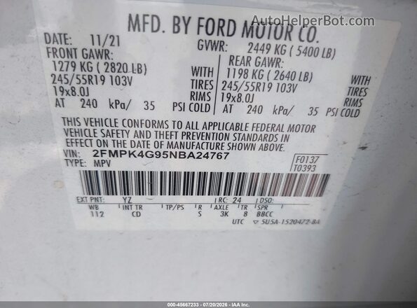 2FMPK4G95NBA24767 2022 FORD EDGE Белый Вид подкапотного пространства