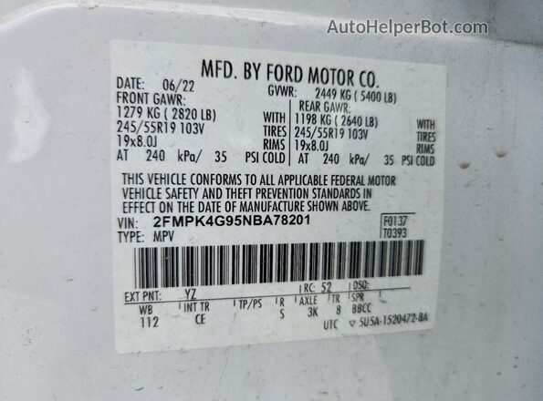 2FMPK4G95NBA78201 2022 FORD EDGE White Widok naklejki z numerem VIN