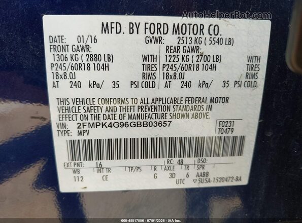 2FMPK4G96GBB03657 2016 FORD EDGE Blue Вид підкапотного простору