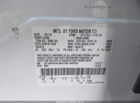 2FMPK4G96GBC48553 2016 FORD EDGE White Vista del compartimento del motor