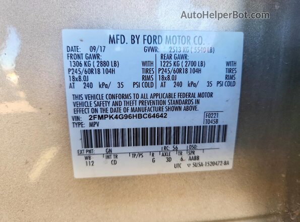 2FMPK4G96HBC64642 2017 FORD EDGE Tan Engine compartment view