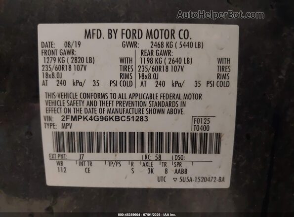 2FMPK4G96KBC51283 2019 FORD EDGE Gray Շարժիչի բաժամունքի տեսք
