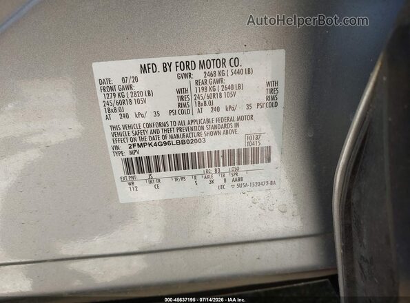 2FMPK4G96LBB02003 2020 FORD EDGE Gray Вид підкапотного простору