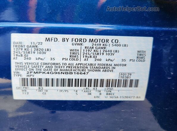 2FMPK4G96NBB16647 2022 FORD EDGE Blue Вид наклейки з VIN-кодом
