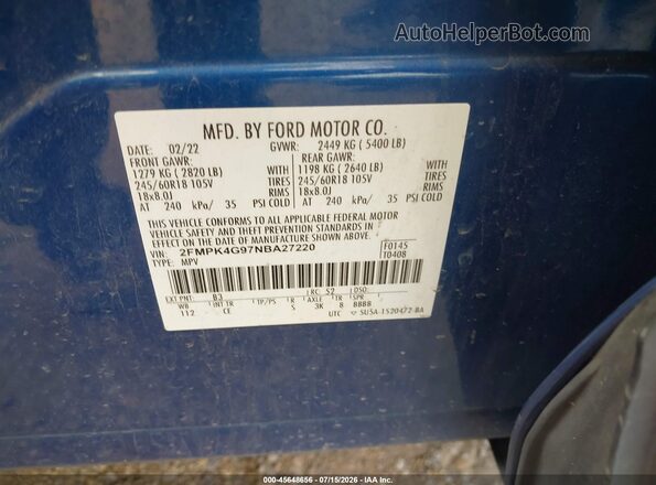2FMPK4G97NBA27220 2022 FORD EDGE Blue Vista del compartimento del motor