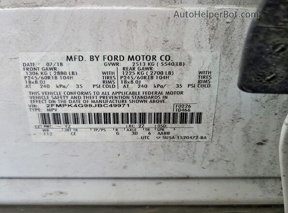 2FMPK4G98JBC49971 2018 FORD EDGE White VIN კოდის სტიკერის ხედი