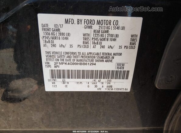 2FMPK4G99HBB61294 2017 FORD EDGE Черный Вид подкапотного пространства