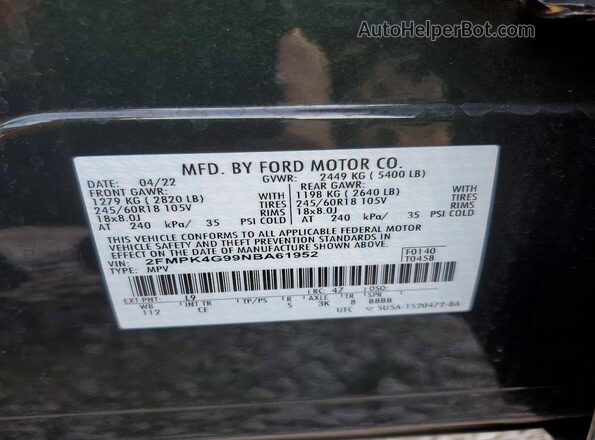 2FMPK4G99NBA61952 2022 FORD EDGE Green სალონის 360-გრადუსიანი ხედი