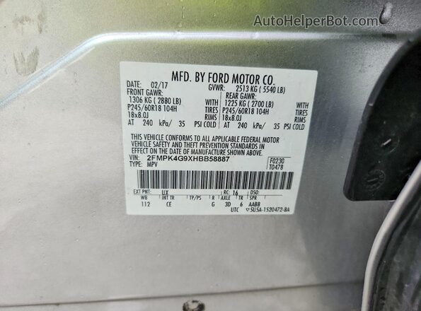 2FMPK4G9XHBB58887 2017 FORD EDGE Silver VIN კოდის სტიკერის ხედი