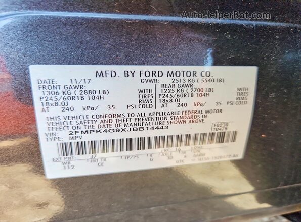2FMPK4G9XJBB14443 2018 FORD EDGE Gray Widok naklejki z numerem VIN