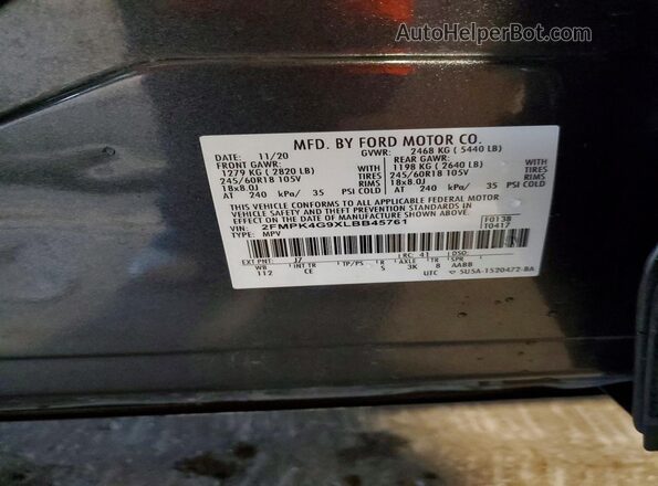 2FMPK4G9XLBB45761 2020 FORD EDGE Charcoal VIN კოდის სტიკერის ხედი