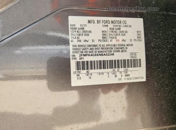 2FMPK4G9XNBA02246 2022 FORD EDGE Gray VIN կոդի պիտակի տեսք