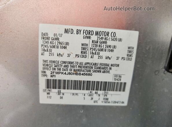 2FMPK4J80HBB45680 2017 FORD EDGE Silver Vista del compartimento del motor